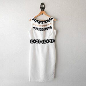 Vintage Chancelle Dress Size 10 White Black Geometric Sheath Midi Sleeveless